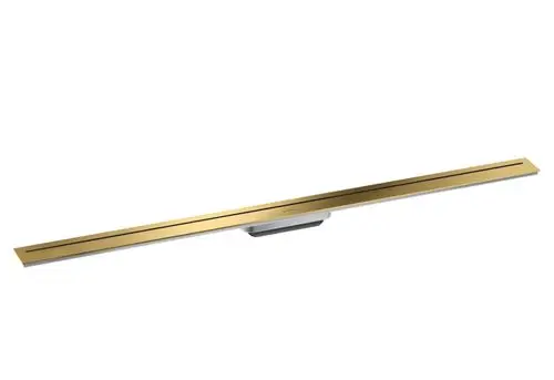 Edelstahl-Duschrinne mit polierter Oberflächenoptik in Gold, designed von AXOR, geeignet für die Installation in Duschen.